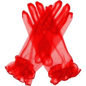 Women's Red Ruffled Tulle Mesh Evening Short Gloves Wedding Party Prom
